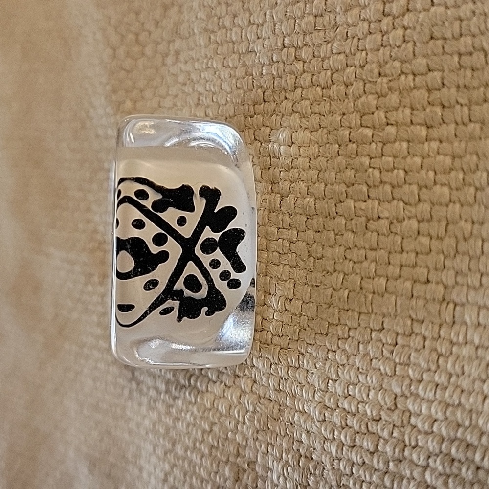 Clear Lucite Black and White Hand Painted Ring size 8.5